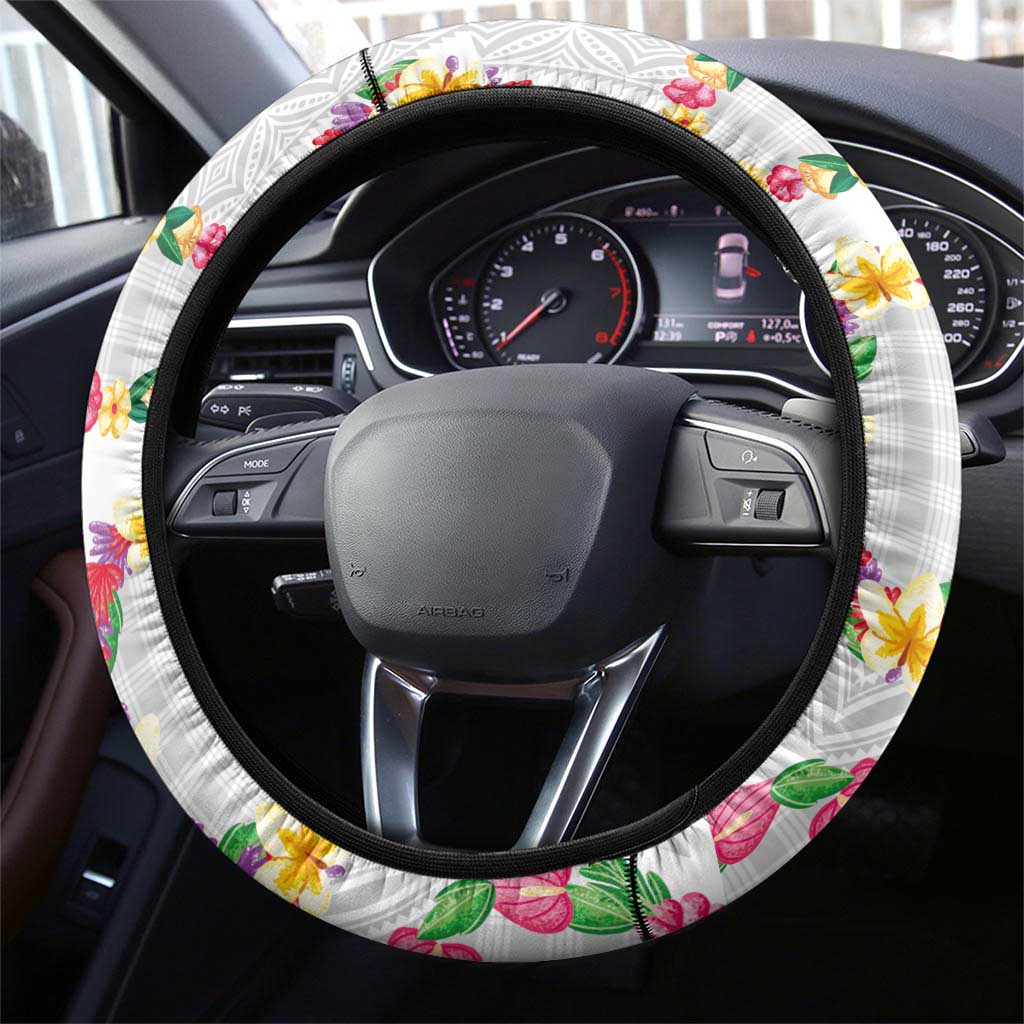 Hawaiian Kakau Tattoo Leis and Palaka Pattern Steering Wheel Cover Traditional Aloha Tribal White Color LT03 - Polynesian Pride