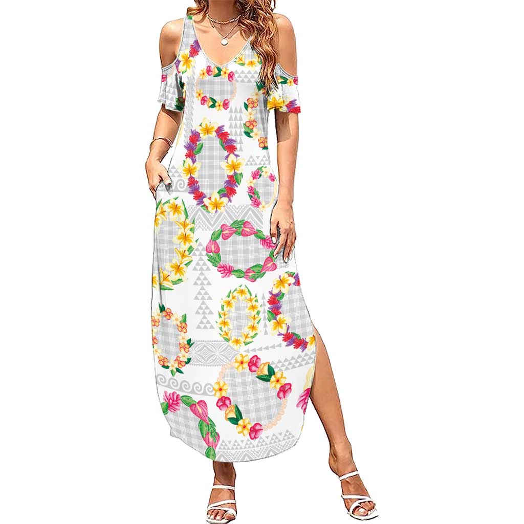 Hawaiian Kakau Tattoo Leis and Palaka Pattern Summer Maxi Dress Traditional Aloha Tribal White Color