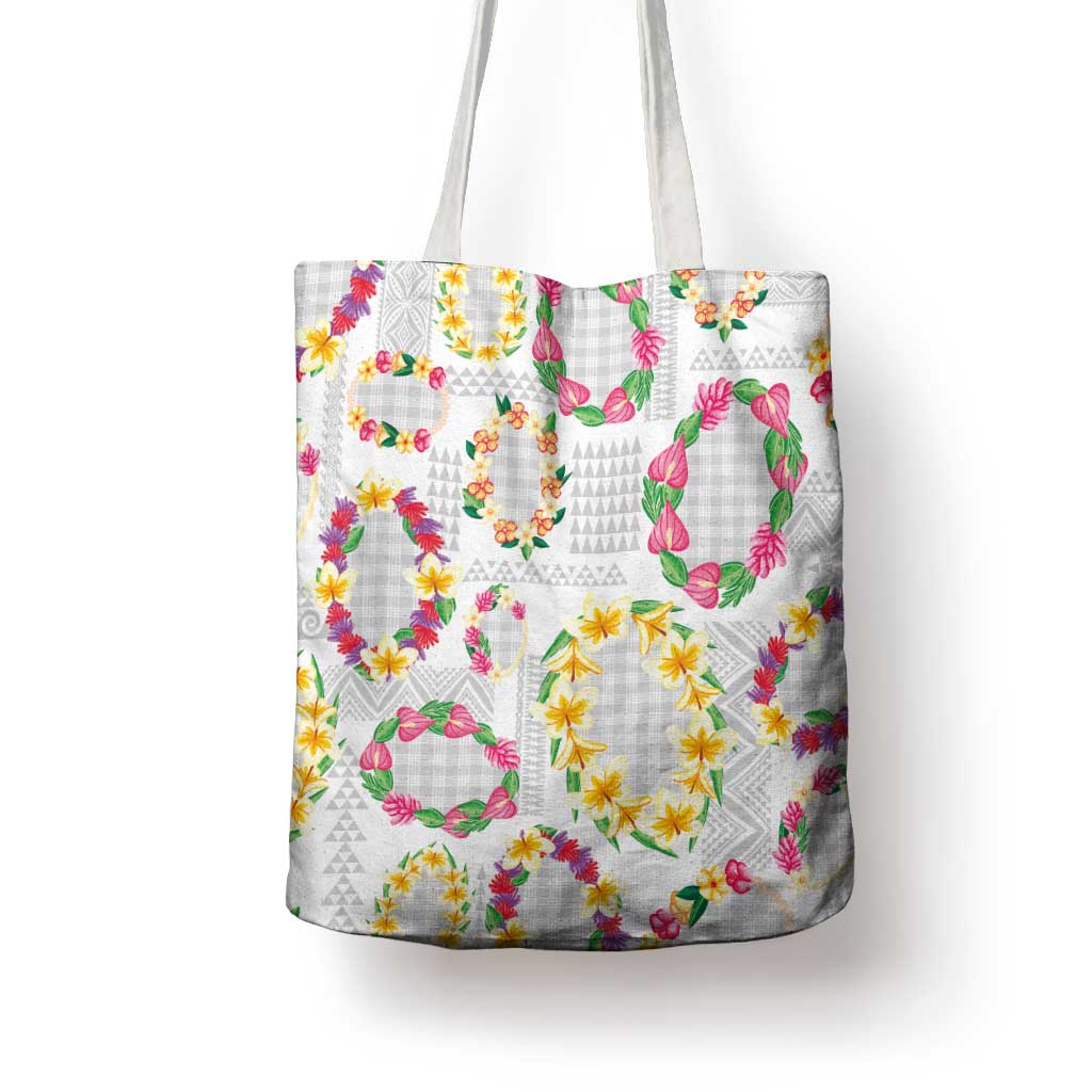 Hawaiian Kakau Tattoo Leis and Palaka Pattern Tote Bag Traditional Aloha Tribal White Color