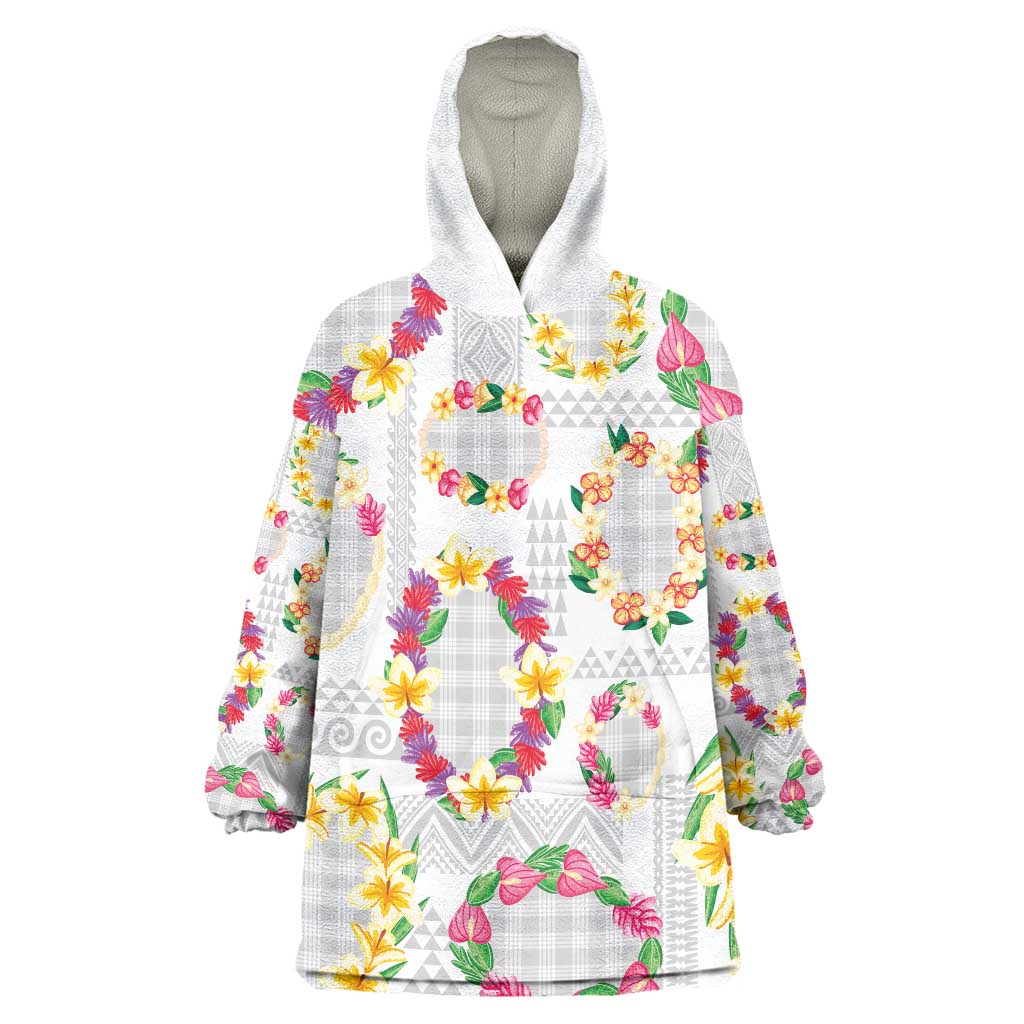 Hawaiian Kakau Tattoo Leis and Palaka Pattern Wearable Blanket Hoodie Traditional Aloha Tribal White Color LT03 One Size White - Polynesian Pride