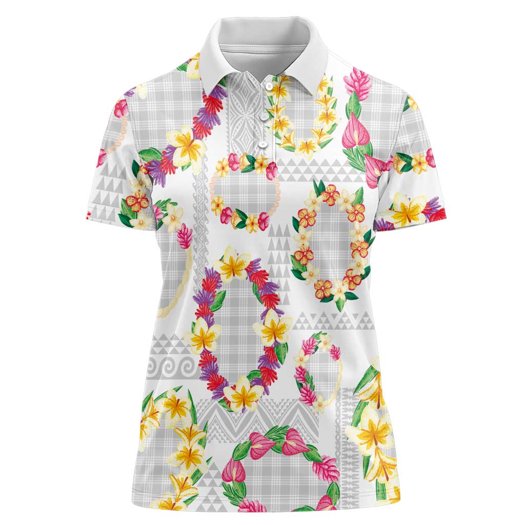 Hawaiian Kakau Tattoo Leis and Palaka Pattern Women Polo Shirt Traditional Aloha Tribal White Color