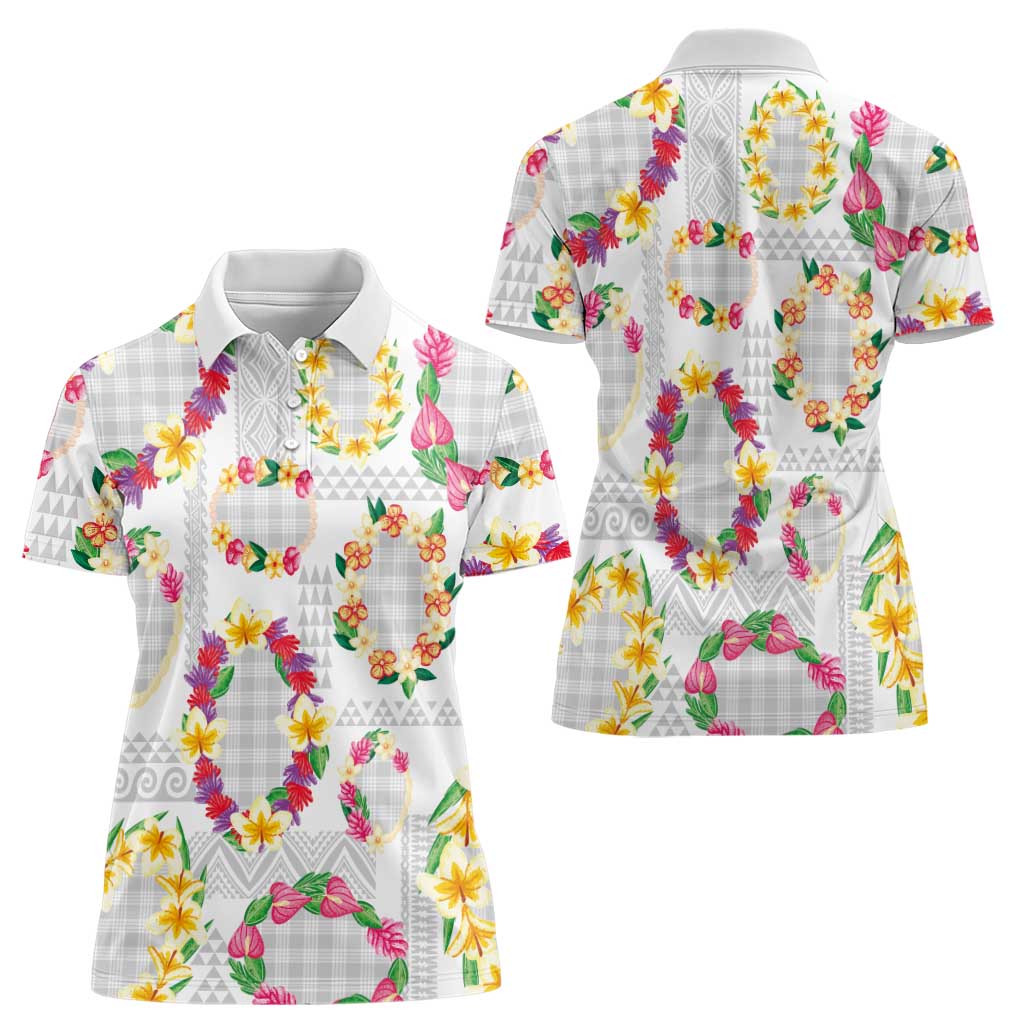 Hawaiian Kakau Tattoo Leis and Palaka Pattern Women Polo Shirt Traditional Aloha Tribal White Color LT03 - Polynesian Pride