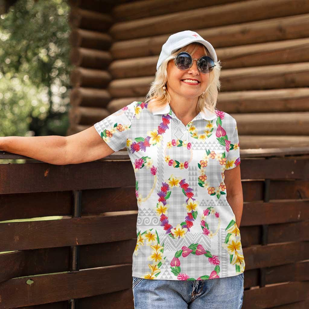Hawaiian Kakau Tattoo Leis and Palaka Pattern Women Polo Shirt Traditional Aloha Tribal White Color LT03 - Polynesian Pride
