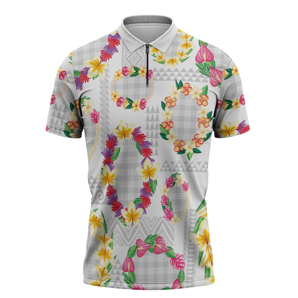 Hawaiian Kakau Tattoo Leis and Palaka Pattern Zipper Polo Shirt Traditional Aloha Tribal White Color LT03 White - Polynesian Pride