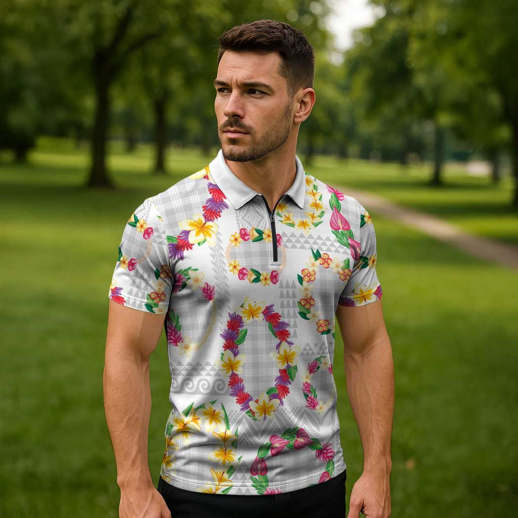 Hawaiian Kakau Tattoo Leis and Palaka Pattern Zipper Polo Shirt Traditional Aloha Tribal White Color LT03 - Polynesian Pride
