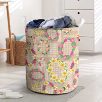 Hawaiian Kakau Tattoo Leis and Palaka Pattern Laundry Basket Traditional Aloha Tribal Beige Color