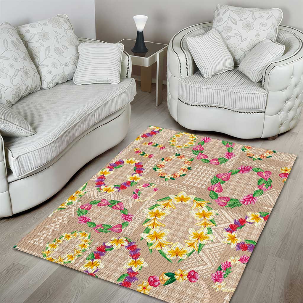 Hawaiian Kakau Tattoo Leis and Palaka Pattern Area Rug Traditional Aloha Tribal Beige Color