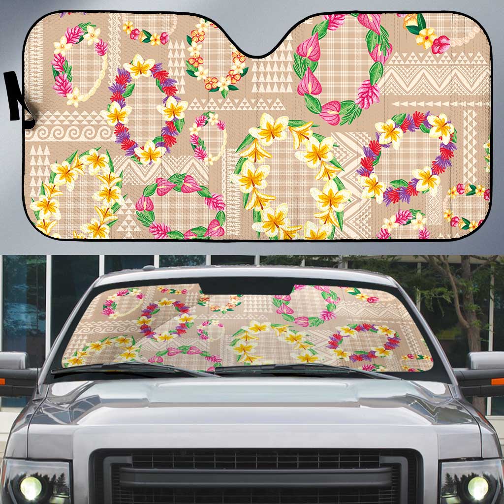 Hawaiian Kakau Tattoo Leis and Palaka Pattern Auto Sun Shade Traditional Aloha Tribal Beige Color