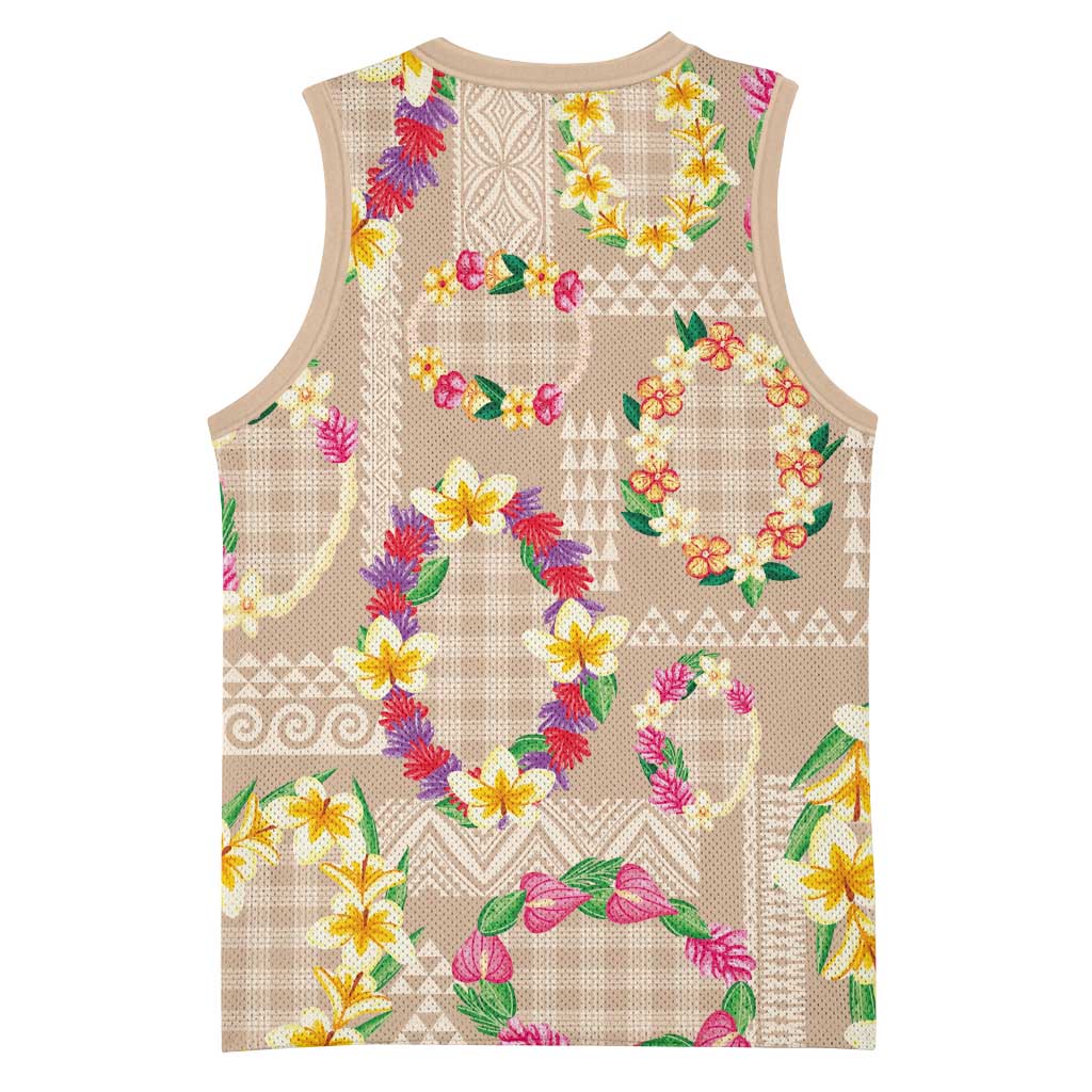 Hawaiian Kakau Tattoo Leis and Palaka Pattern Basketball Jersey Traditional Aloha Tribal Beige Color LT03 - Polynesian Pride