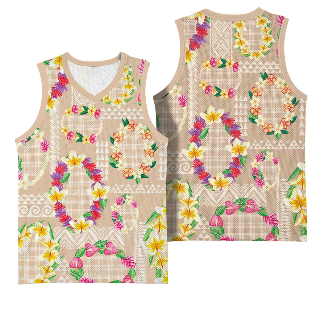 Hawaiian Kakau Tattoo Leis and Palaka Pattern Basketball Jersey Traditional Aloha Tribal Beige Color LT03 - Polynesian Pride