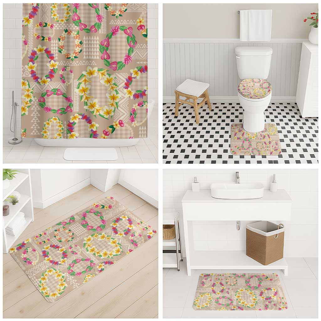 Hawaiian Kakau Tattoo Leis and Palaka Pattern Bathroom Set Traditional Aloha Tribal Beige Color