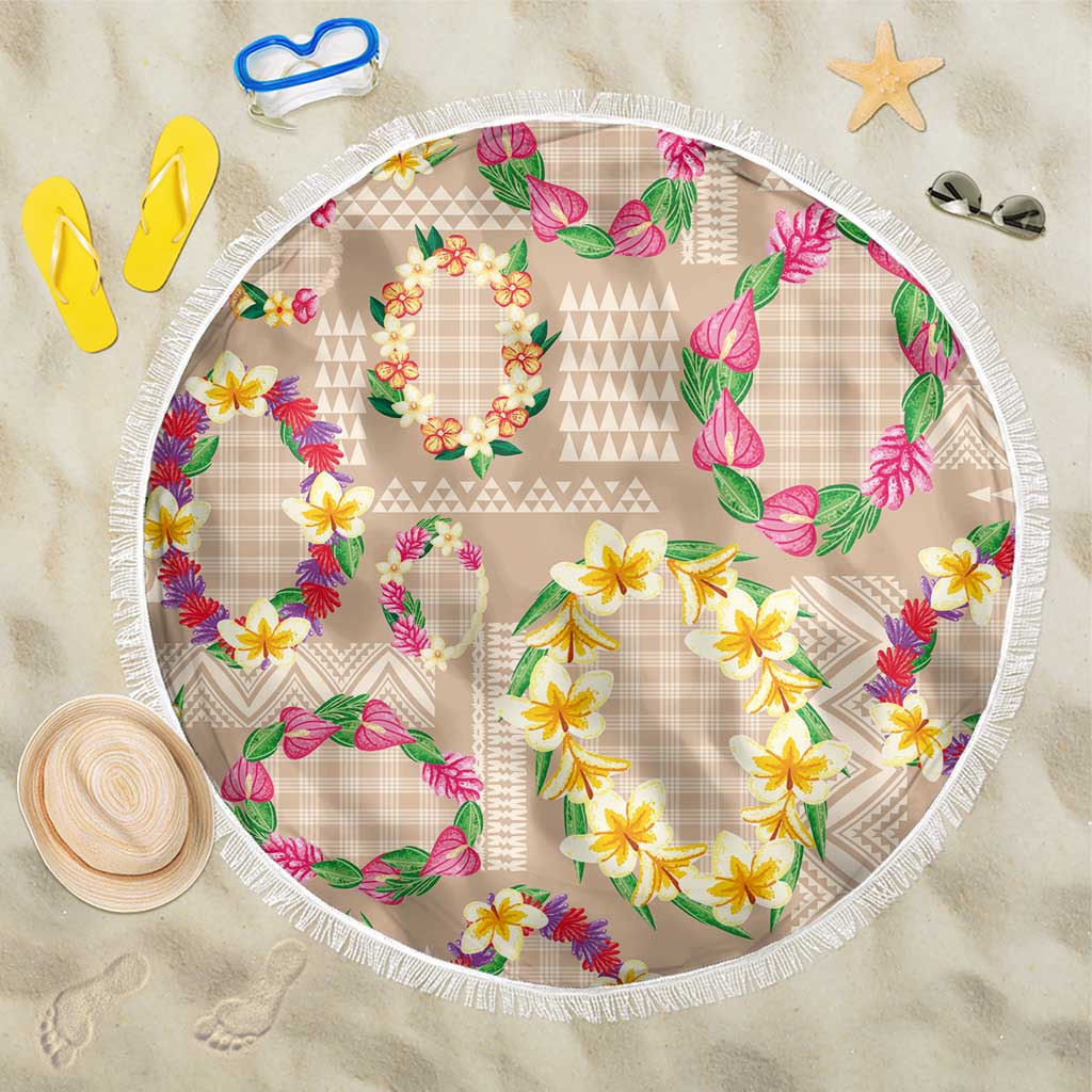 Hawaiian Kakau Tattoo Leis and Palaka Pattern Beach Blanket Traditional Aloha Tribal Beige Color