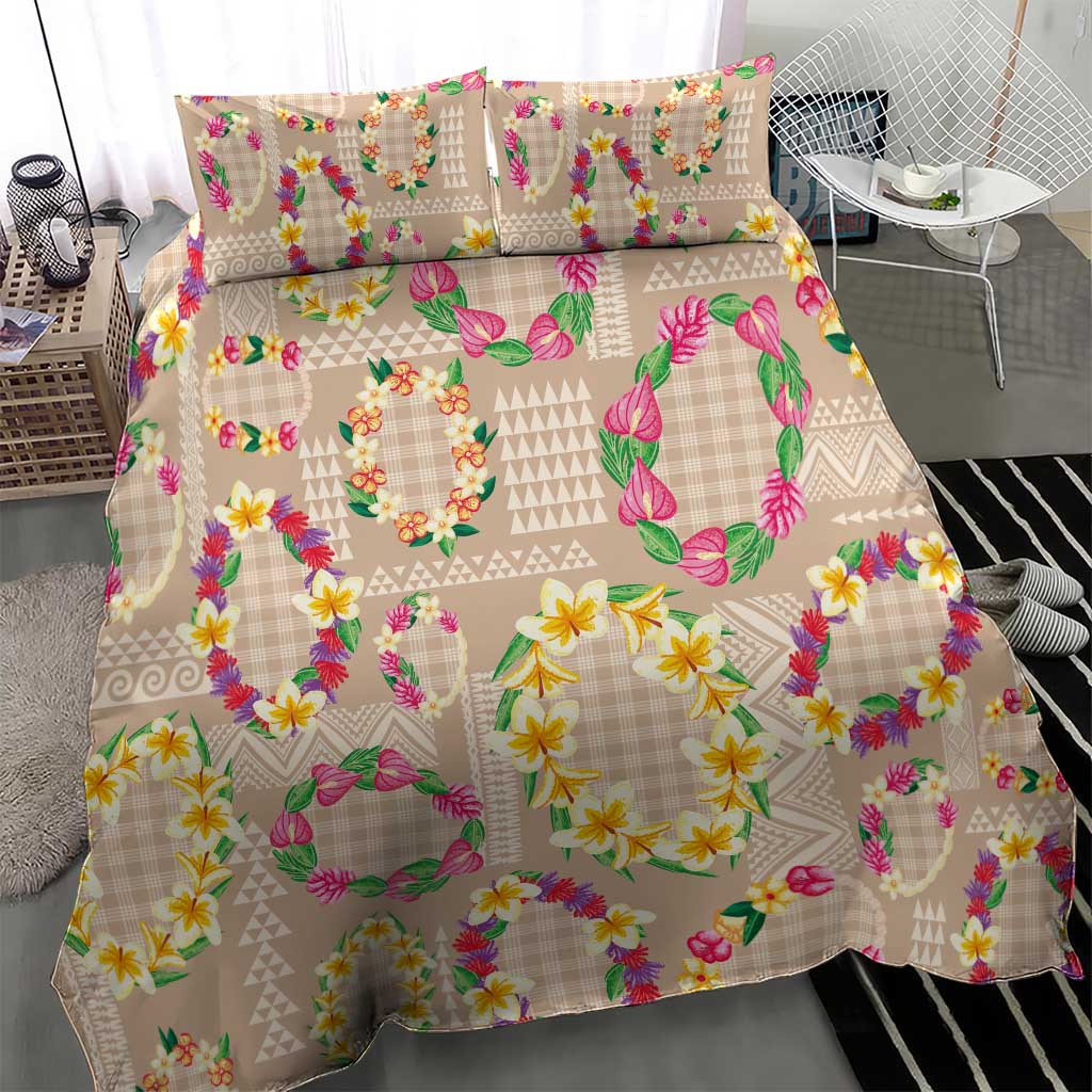 Hawaiian Kakau Tattoo Leis and Palaka Pattern Bedding Set Traditional Aloha Tribal Beige Color