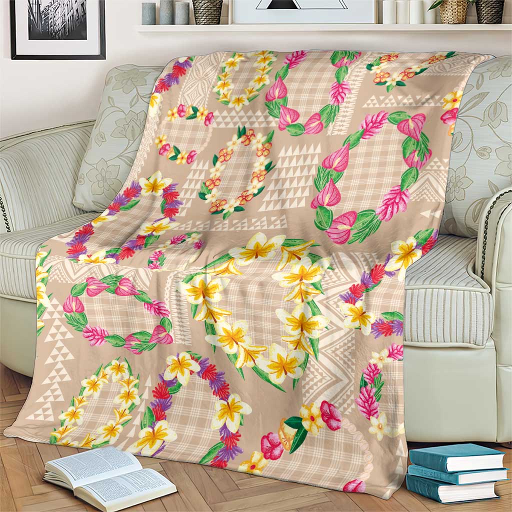 Hawaiian Kakau Tattoo Leis and Palaka Pattern Blanket Traditional Aloha Tribal Beige Color