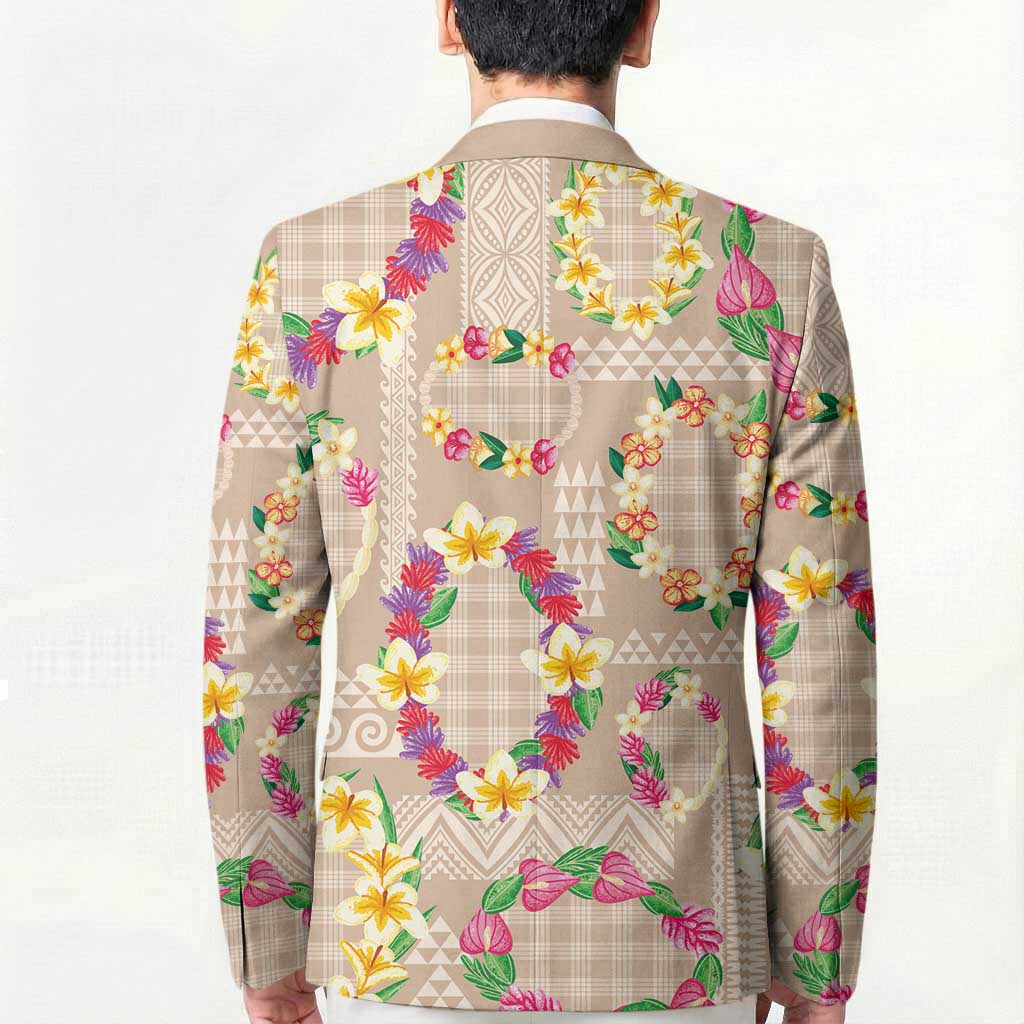 Hawaiian Kakau Tattoo Leis and Palaka Pattern Blazer Traditional Aloha Tribal Beige Color
