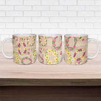 Hawaiian Kakau Tattoo Leis and Palaka Pattern Ceramic Mug Traditional Aloha Tribal Beige Color