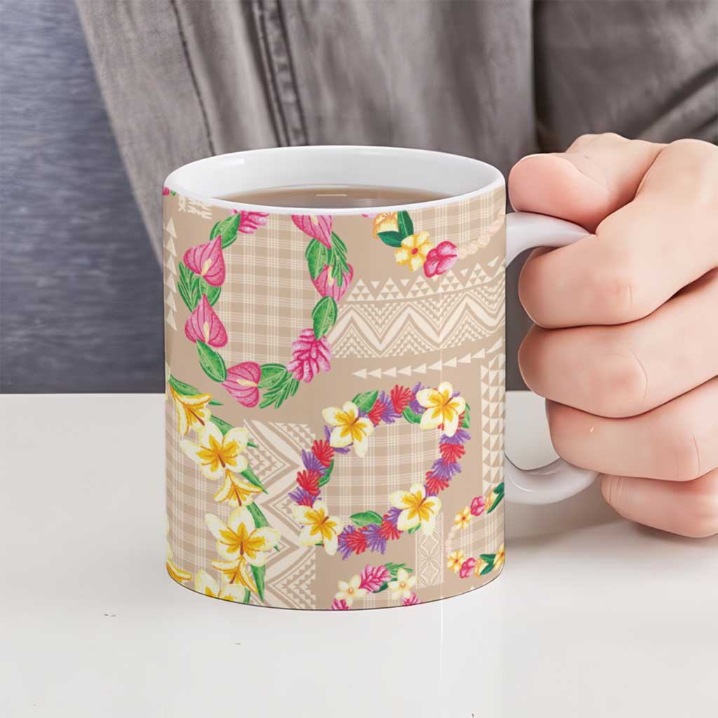 Hawaiian Kakau Tattoo Leis and Palaka Pattern Ceramic Mug Traditional Aloha Tribal Beige Color
