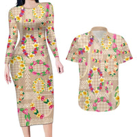 Hawaiian Kakau Tattoo Leis and Palaka Pattern Couples Matching Long Sleeve Bodycon Dress and Hawaiian Shirt Traditional Aloha Tribal Beige Color LT03 Beige - Polynesian Pride