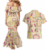 Hawaiian Kakau Tattoo Leis and Palaka Pattern Couples Matching Mermaid Dress and Hawaiian Shirt Traditional Aloha Tribal Beige Color LT03 - Polynesian Pride