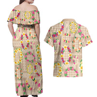 Hawaiian Kakau Tattoo Leis and Palaka Pattern Couples Matching Off Shoulder Maxi Dress and Hawaiian Shirt Traditional Aloha Tribal Beige Color LT03 - Polynesian Pride