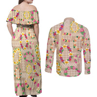 Hawaiian Kakau Tattoo Leis and Palaka Pattern Couples Matching Off Shoulder Maxi Dress and Long Sleeve Button Shirt Traditional Aloha Tribal Beige Color LT03 - Polynesian Pride