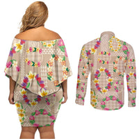 Hawaiian Kakau Tattoo Leis and Palaka Pattern Couples Matching Off Shoulder Short Dress and Long Sleeve Button Shirt Traditional Aloha Tribal Beige Color LT03 - Polynesian Pride