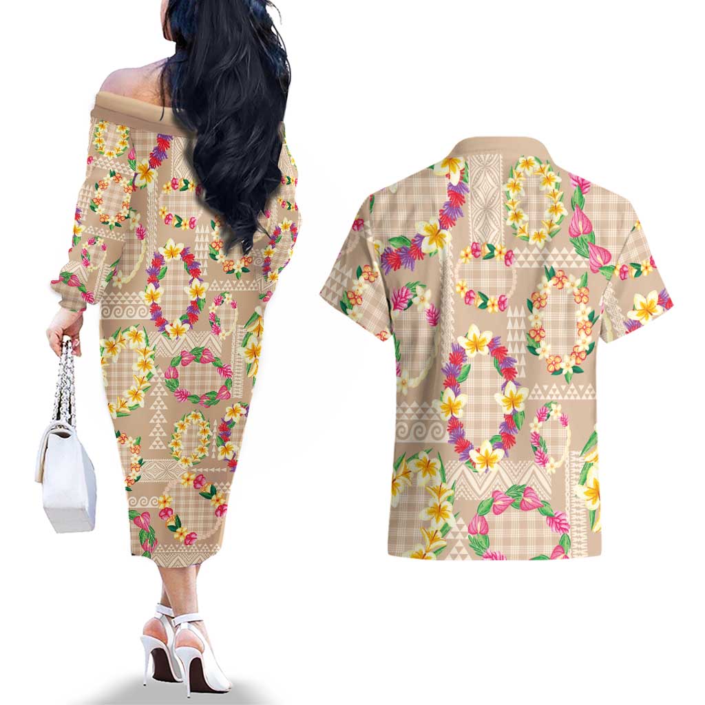 Hawaiian Kakau Tattoo Leis and Palaka Pattern Couples Matching Off The Shoulder Long Sleeve Dress and Hawaiian Shirt Traditional Aloha Tribal Beige Color LT03 - Polynesian Pride