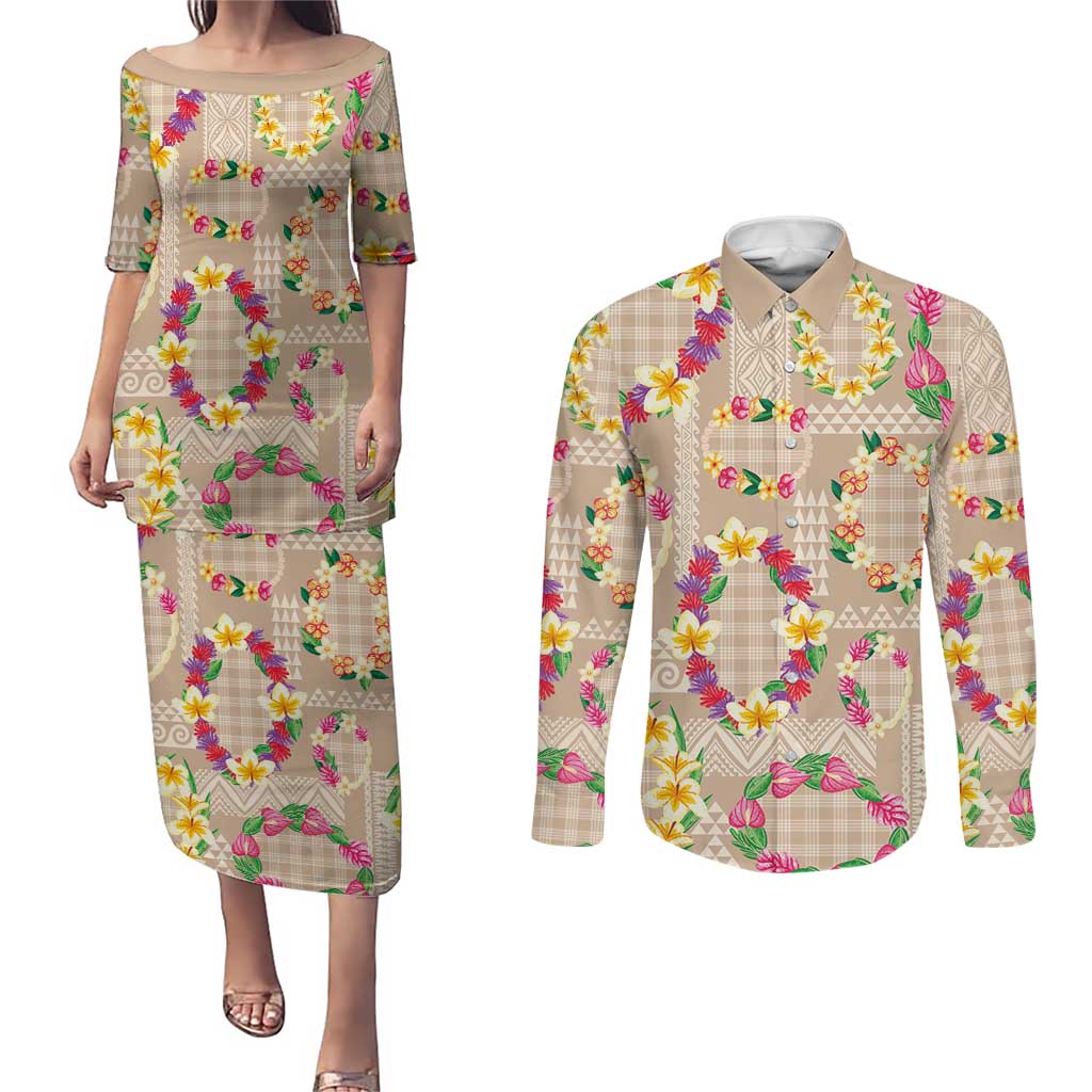 Hawaiian Kakau Tattoo Leis and Palaka Pattern Couples Matching Puletasi and Long Sleeve Button Shirt Traditional Aloha Tribal Beige Color LT03 Beige - Polynesian Pride