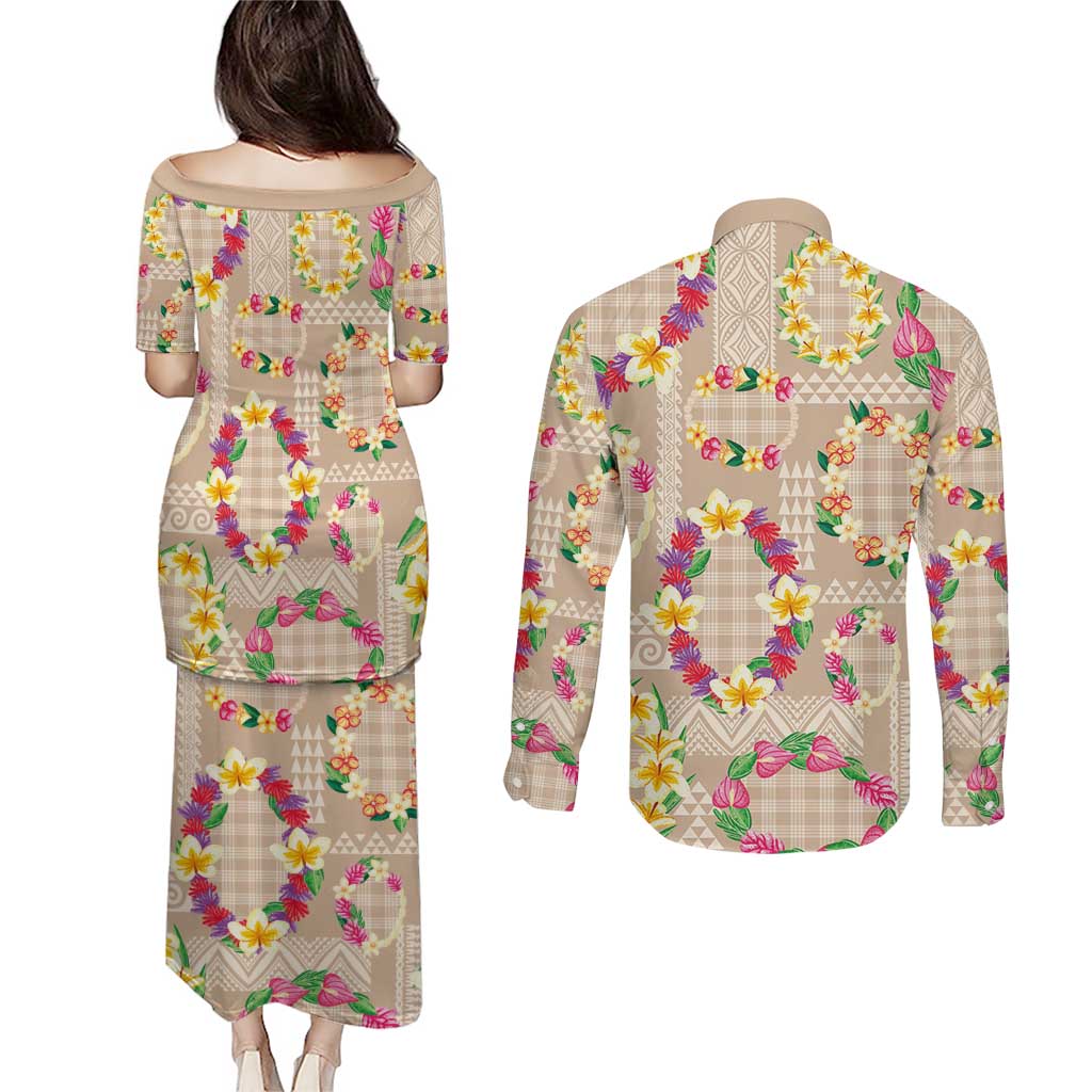 Hawaiian Kakau Tattoo Leis and Palaka Pattern Couples Matching Puletasi and Long Sleeve Button Shirt Traditional Aloha Tribal Beige Color LT03 - Polynesian Pride