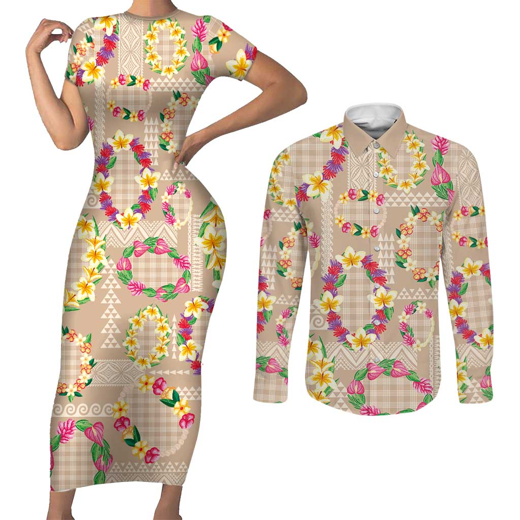 Hawaiian Kakau Tattoo Leis and Palaka Pattern Couples Matching Short Sleeve Bodycon Dress and Long Sleeve Button Shirt Traditional Aloha Tribal Beige Color