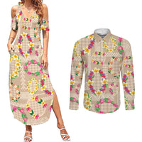 Hawaiian Kakau Tattoo Leis and Palaka Pattern Couples Matching Summer Maxi Dress and Long Sleeve Button Shirt Traditional Aloha Tribal Beige Color LT03 Beige - Polynesian Pride