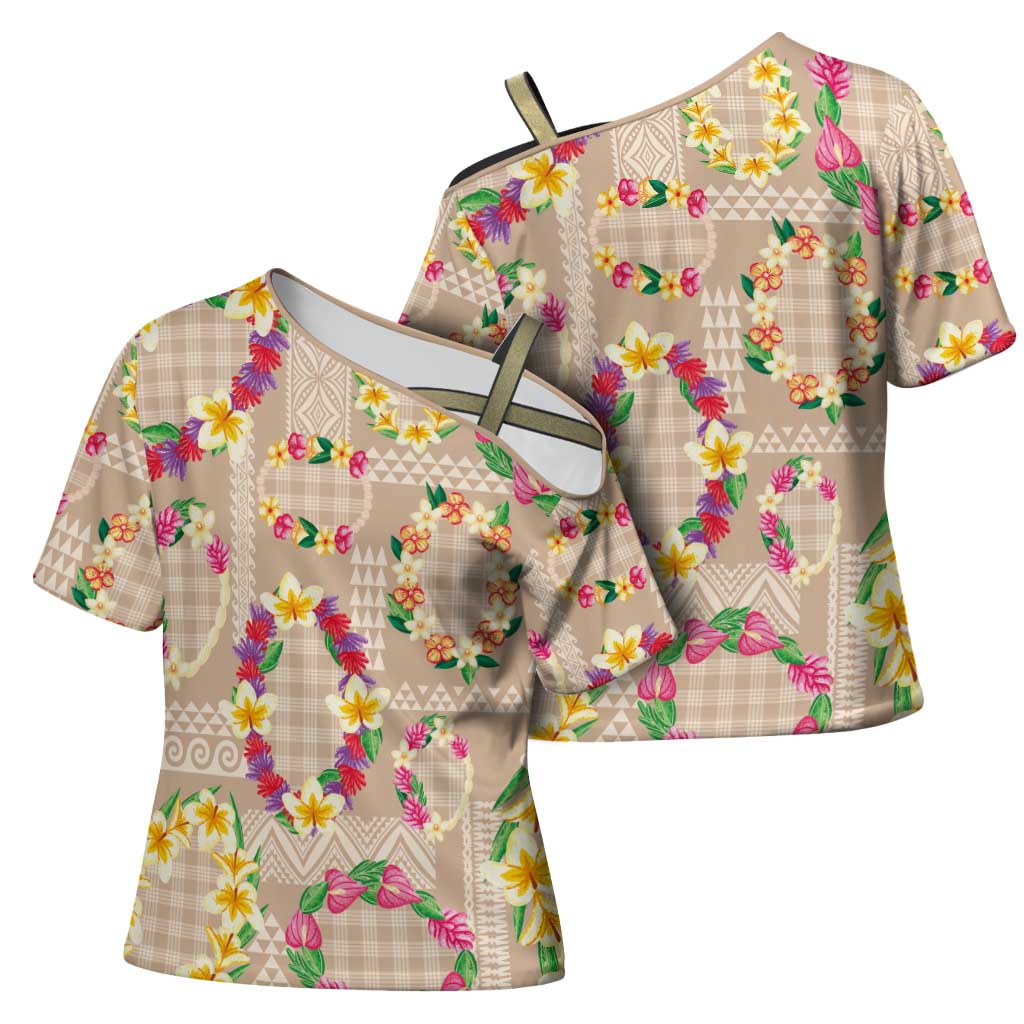 Hawaiian Kakau Tattoo Leis and Palaka Pattern Cross Shoulder Shirt Traditional Aloha Tribal Beige Color LT03 - Polynesian Pride