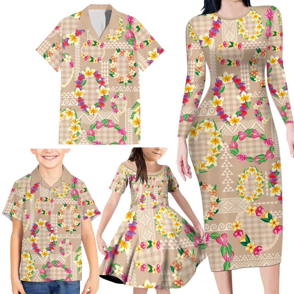 Hawaiian Kakau Tattoo Leis and Palaka Pattern Family Matching Long Sleeve Bodycon Dress and Hawaiian Shirt Traditional Aloha Tribal Beige Color LT03 - Polynesian Pride