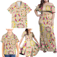 Hawaiian Kakau Tattoo Leis and Palaka Pattern Family Matching Off Shoulder Maxi Dress and Hawaiian Shirt Traditional Aloha Tribal Beige Color LT03 - Polynesian Pride
