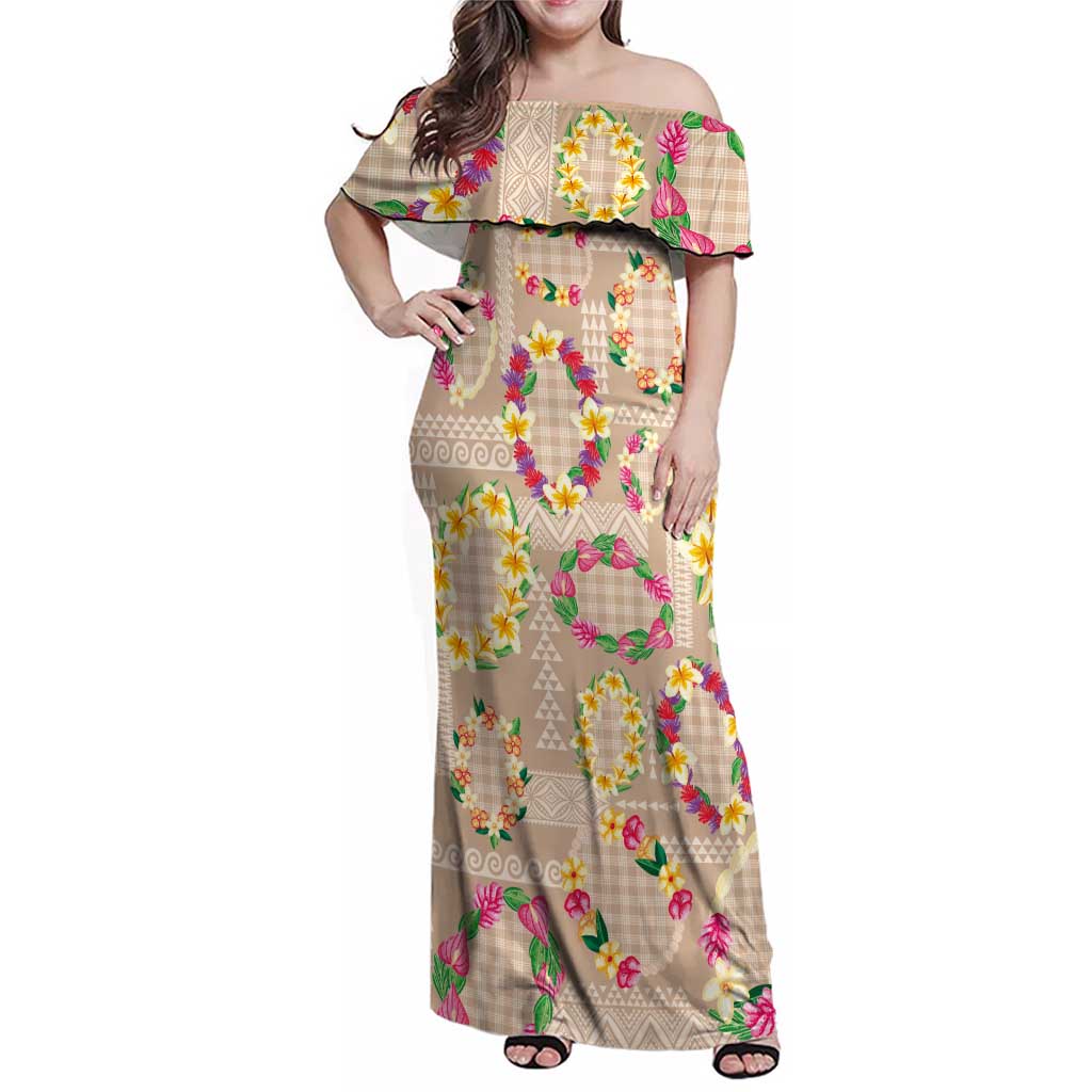 Hawaiian Kakau Tattoo Leis and Palaka Pattern Family Matching Off Shoulder Maxi Dress and Hawaiian Shirt Traditional Aloha Tribal Beige Color LT03 Mom's Dress Beige - Polynesian Pride