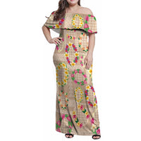 Hawaiian Kakau Tattoo Leis and Palaka Pattern Family Matching Off Shoulder Maxi Dress and Hawaiian Shirt Traditional Aloha Tribal Beige Color LT03 Mom's Dress Beige - Polynesian Pride