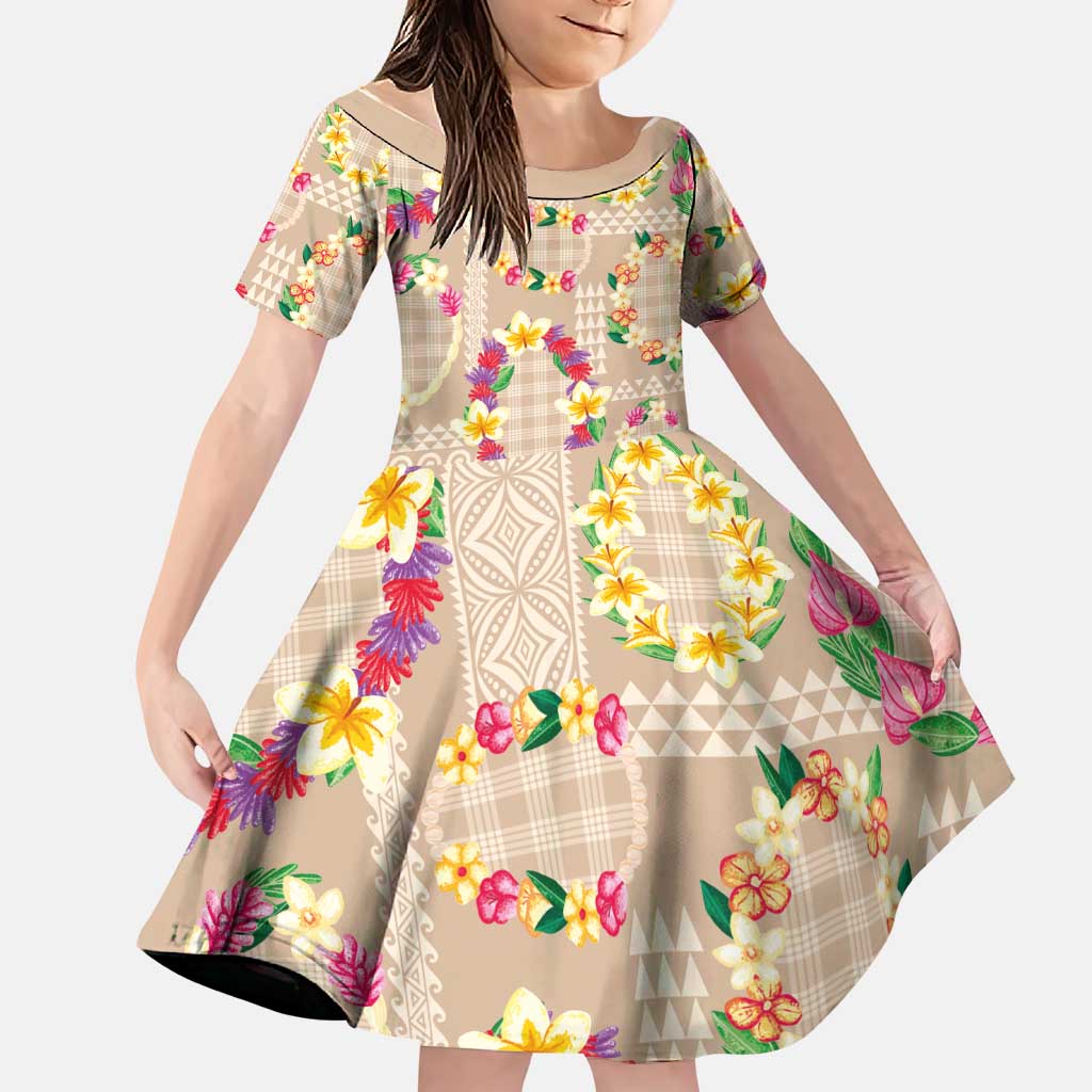 Hawaiian Kakau Tattoo Leis and Palaka Pattern Family Matching Off Shoulder Short Dress and Hawaiian Shirt Traditional Aloha Tribal Beige Color LT03 Daughter's Dress Beige - Polynesian Pride
