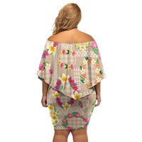 Hawaiian Kakau Tattoo Leis and Palaka Pattern Family Matching Off Shoulder Short Dress and Hawaiian Shirt Traditional Aloha Tribal Beige Color LT03 - Polynesian Pride