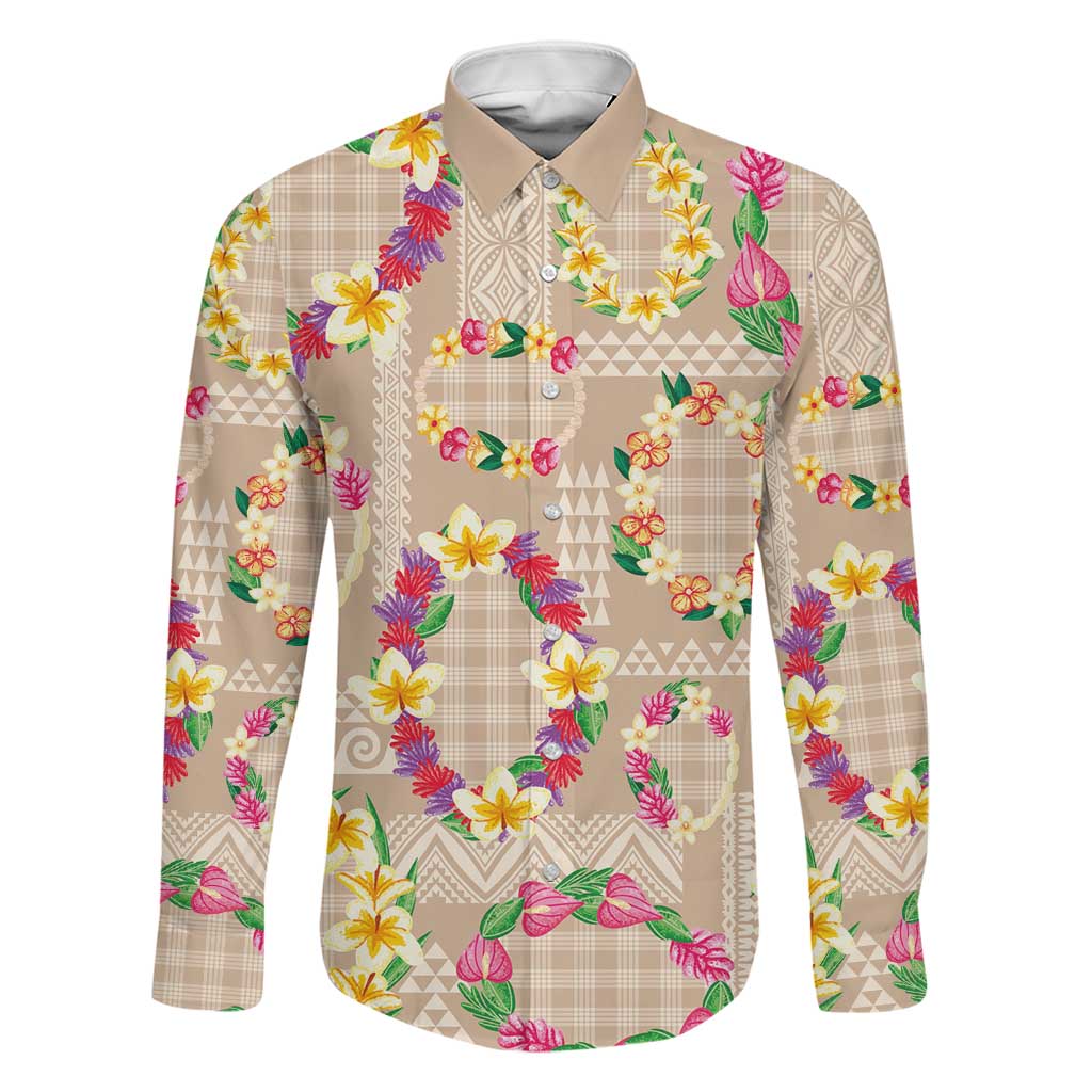 Hawaiian Kakau Tattoo Leis and Palaka Pattern Family Matching Tank Maxi Dress and Hawaiian Shirt Traditional Aloha Tribal Beige Color LT03 Dad's Shirt - Long Sleeve Beige - Polynesian Pride