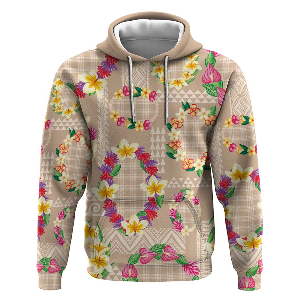 Hawaiian Kakau Tattoo Leis and Palaka Pattern Hoodie Traditional Aloha Tribal Beige Color LT03 Pullover Hoodie Beige - Polynesian Pride