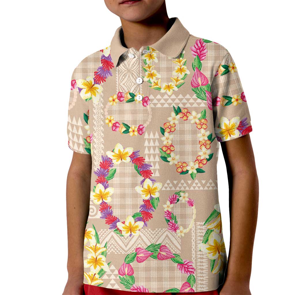 Hawaiian Kakau Tattoo Leis and Palaka Pattern Kid Polo Shirt Traditional Aloha Tribal Beige Color LT03 Kid Beige - Polynesian Pride