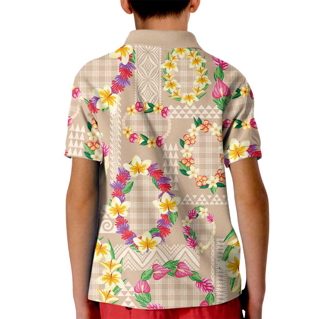 Hawaiian Kakau Tattoo Leis and Palaka Pattern Kid Polo Shirt Traditional Aloha Tribal Beige Color LT03 - Polynesian Pride