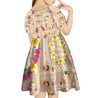 Hawaiian Kakau Tattoo Leis and Palaka Pattern Kid Short Sleeve Dress Traditional Aloha Tribal Beige Color LT03 - Polynesian Pride