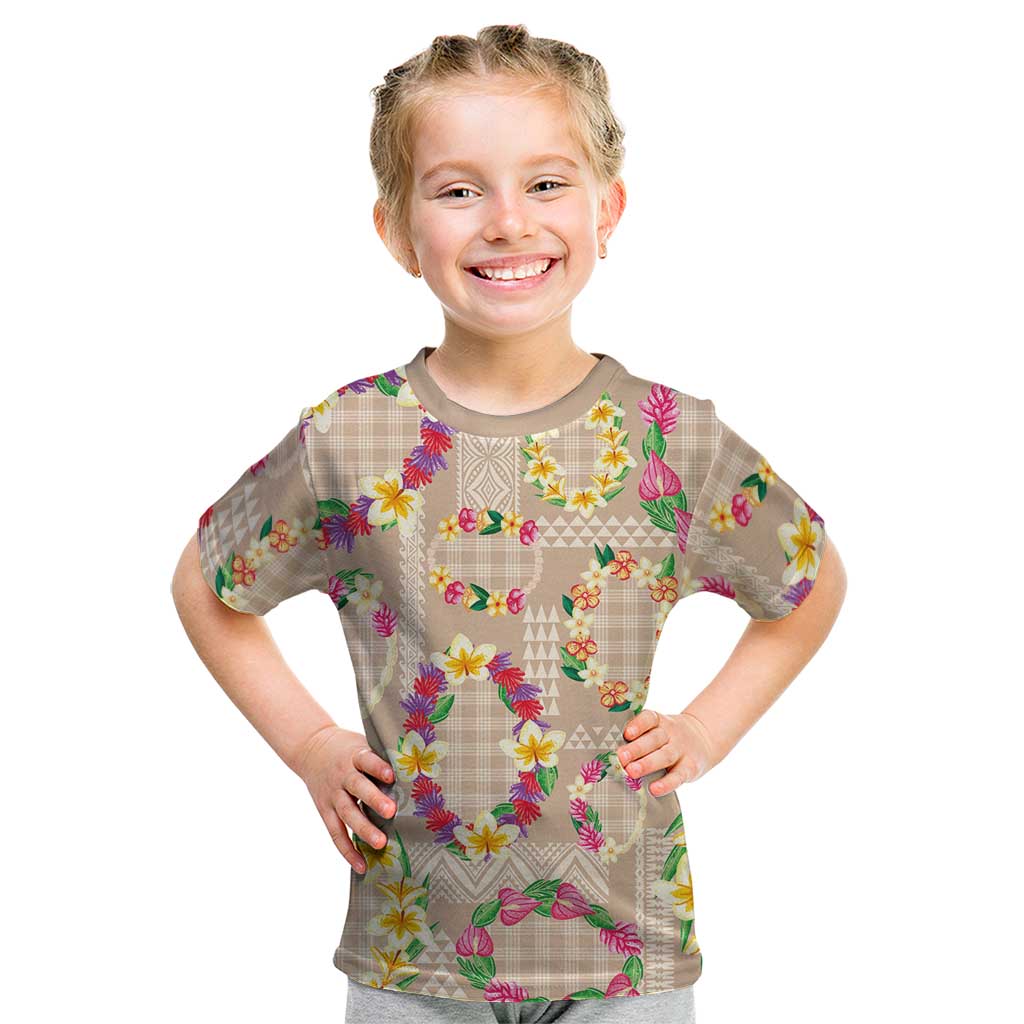 Hawaiian Kakau Tattoo Leis and Palaka Pattern Kid T Shirt Traditional Aloha Tribal Beige Color LT03 Beige - Polynesian Pride