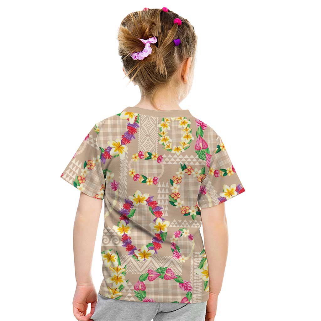Hawaiian Kakau Tattoo Leis and Palaka Pattern Kid T Shirt Traditional Aloha Tribal Beige Color LT03 - Polynesian Pride