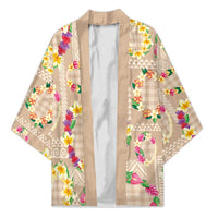 Hawaiian Kakau Tattoo Leis and Palaka Pattern Kimono Traditional Aloha Tribal Beige Color