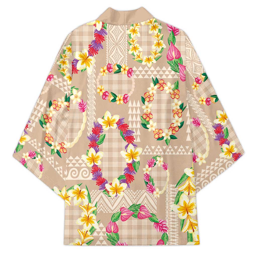 Hawaiian Kakau Tattoo Leis and Palaka Pattern Kimono Traditional Aloha Tribal Beige Color
