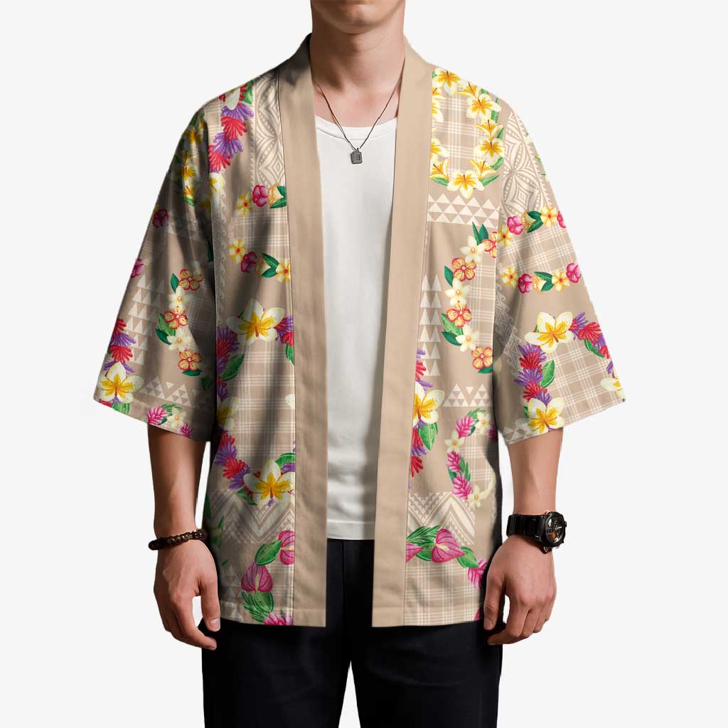 Hawaiian Kakau Tattoo Leis and Palaka Pattern Kimono Traditional Aloha Tribal Beige Color