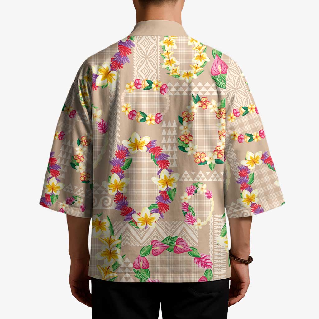 Hawaiian Kakau Tattoo Leis and Palaka Pattern Kimono Traditional Aloha Tribal Beige Color