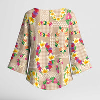 Hawaiian Kakau Tattoo Leis and Palaka Pattern Kimono Sleeve Blouse Traditional Aloha Tribal Beige Color LT03 - Polynesian Pride
